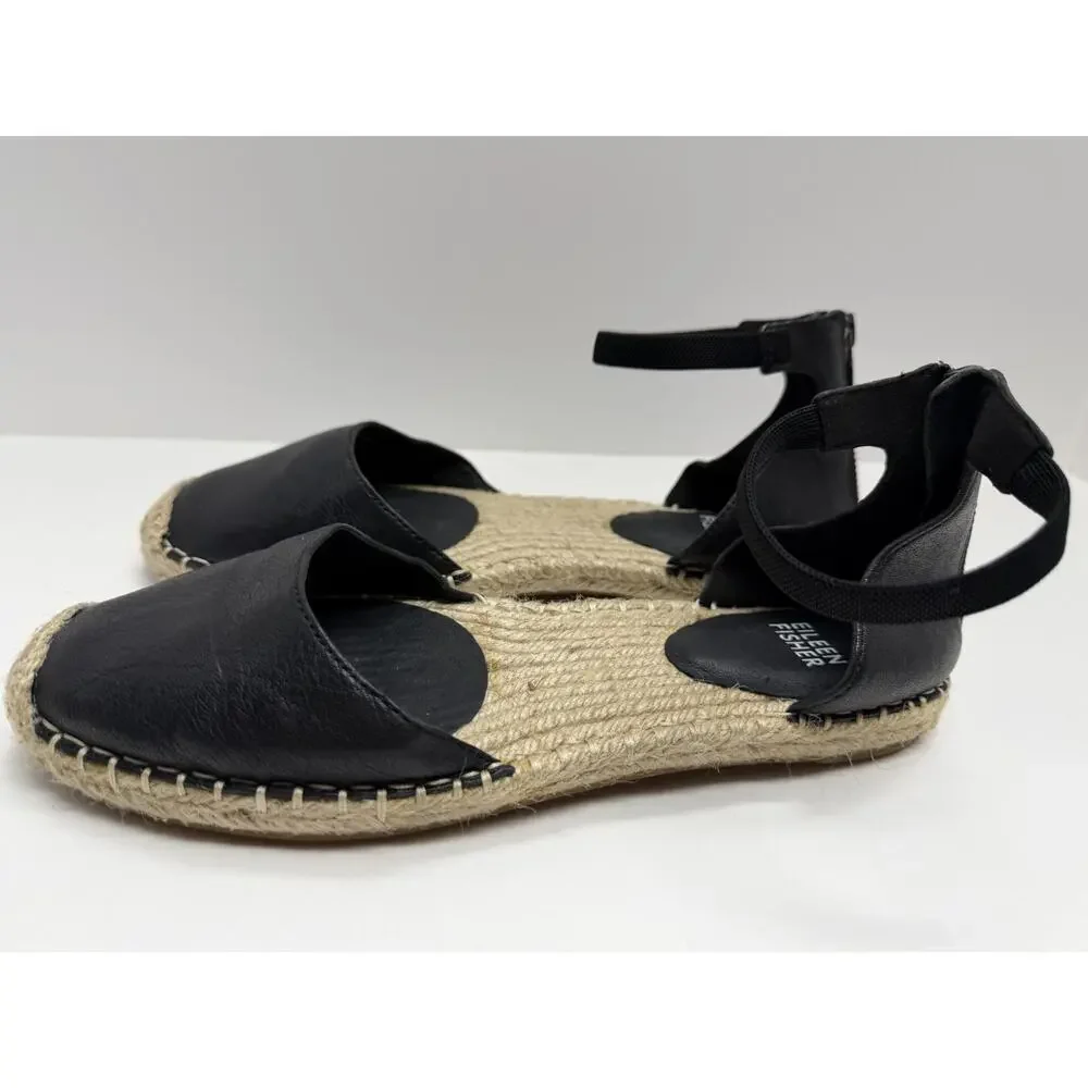 Eileen Fisher Lala Black Tumbled Leather Espadrille Flats Size 7.5 - Picture 5 of 7
